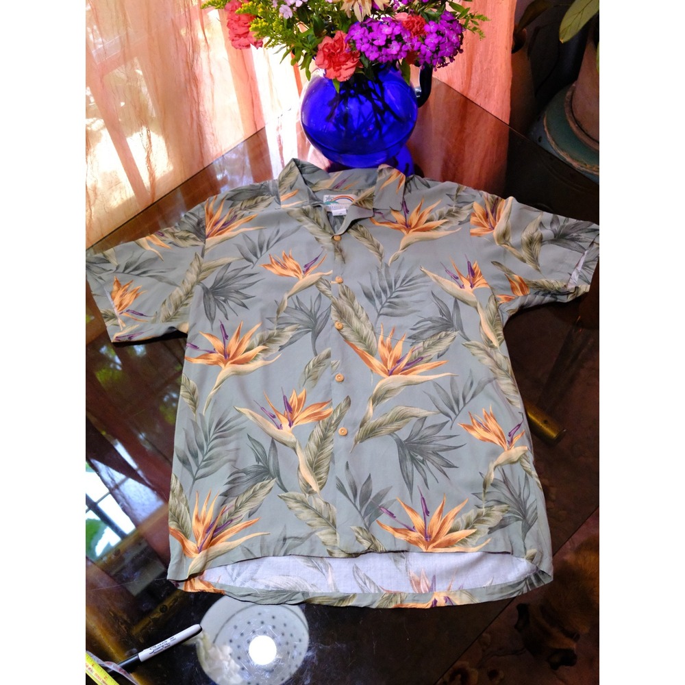 Paradise Found Mens Hawaiian Shirt Medium Sage Green Bird of Paradise Rayon M